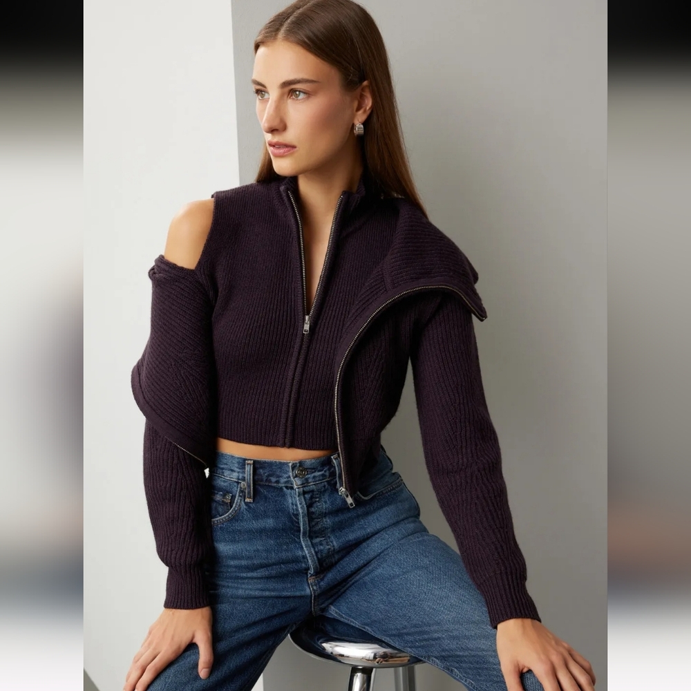 Derek Lam Eggplant Layered Zip-Up Wool Crop Sweater Size S